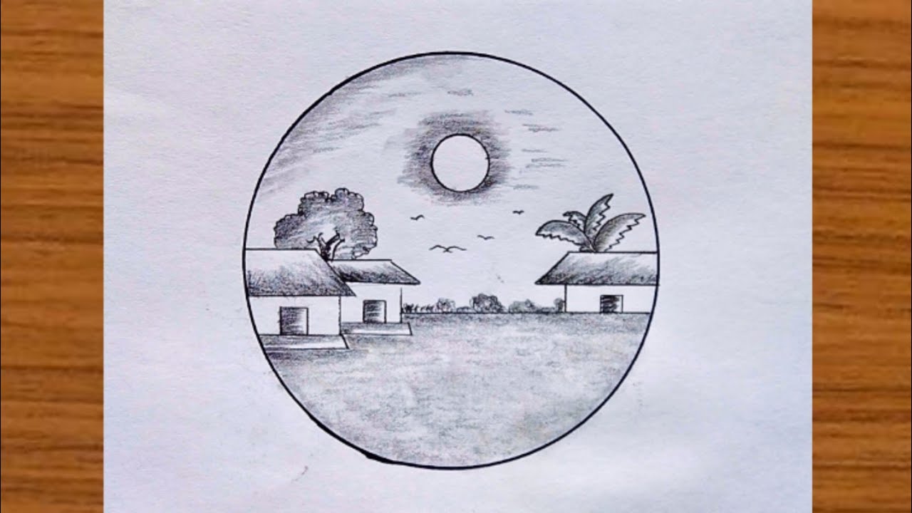 My Beautiful Village Drawing | How To Draw Scenery in Circle Easy ...