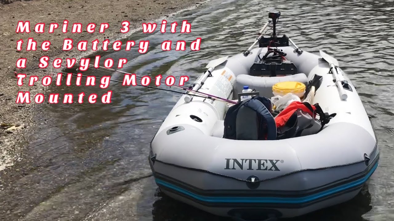 Mariner 3 Inflatable Boat with the Battery and a Mini Sevylor Trolling Motor  (Mounted) 