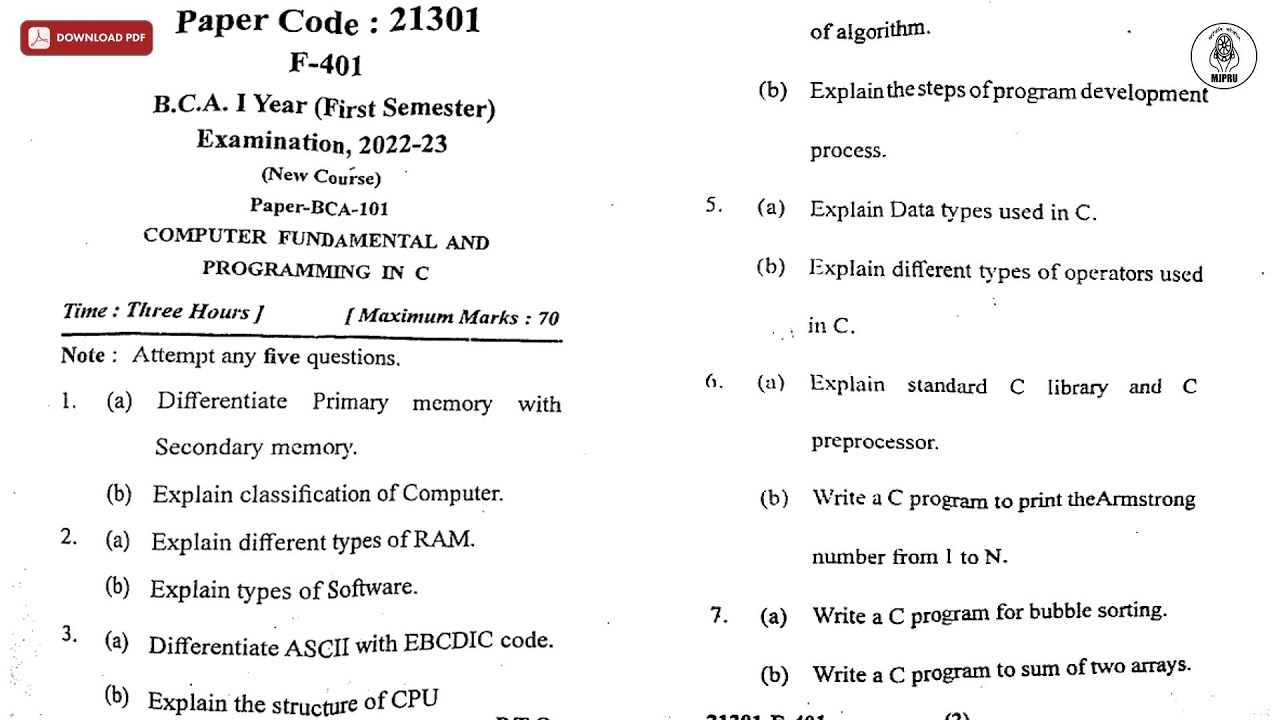 BCA 1ST SEM COMPUTER FUNDAMENTAL AND PROGRAMMING IN C 2023 | MJPRU ...