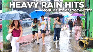 HEAVY RAIN HITS CALOOCAN CITY-SUDDEN MORNING DOWNPOUR|PHILIPPINES [4k]Walking tour