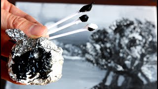 Техника покраски алюминиевой фольгой и ватным тампоном - пейзаж акриловый рисунок - черное и белое