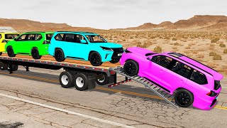 Flatbed Trailer Toyota LC Cars Transportation with Truck - Pothole vs Car #010 - BeamNG.Drive