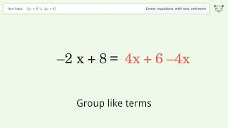 Linear equation with one unknown: Solve 2x+8=4x+6 step-by-step solution