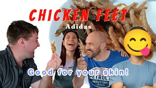 Greek and French men eat 'Adidas' (chicken feet) for the first time, Filipino food | Street Food