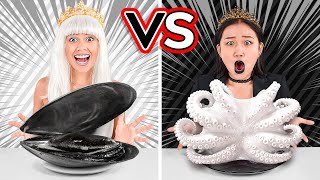 BLACK VS WHITE COLOR CHALLENGE! Fun Eating Everything In 1 Color For 24 Hours By 123 GO! CHALLENGE