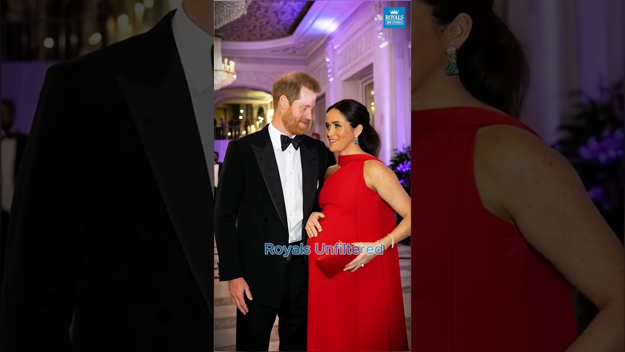 Prince Harry in a black tuxedo and Meghan in a red 