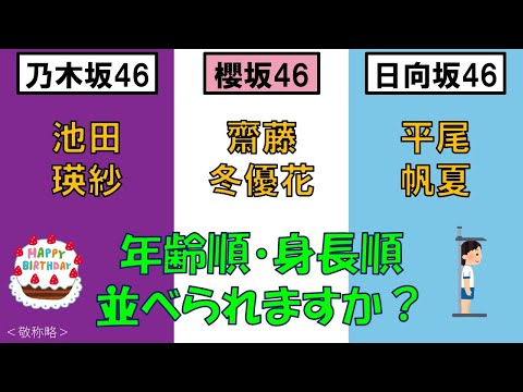 ＜乃・櫻・日＞池田瑛紗さん・齋藤冬優花さん・平尾帆夏さんを、年齢順と身長順に並べてみた！