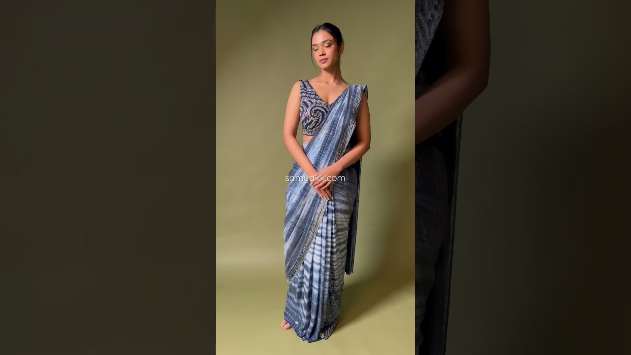 Blue Shaded Sequins Embroidered Crepe Draped Saree-HF2022