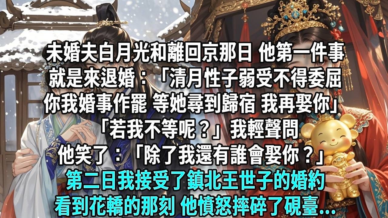 未婚夫白月光和離回京那日，他第一件事就是來退婚：「清月性子弱受不得委屈，你我婚事暫且作罷，等她尋到好歸宿，我再娶你過門。」「若我不等呢？」我輕聲問。他笑了：「除了我，還有誰會娶你？」第二日我接受了鎮北