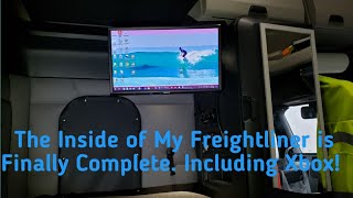 The inside of my new 2020 Freightliner Cascadia, complete with TV, Xbox, laptop, GPS, and much more