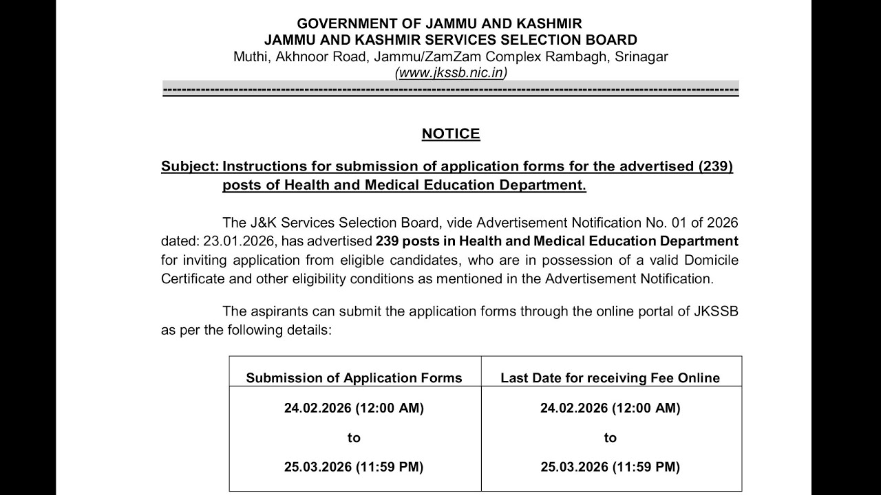 JKSSB 239 POSTS 2026 UPDATE - NURSING AID OFFICIAL SYLLABUS - HEALTH & MEDICAL EDUCATION DEPT.