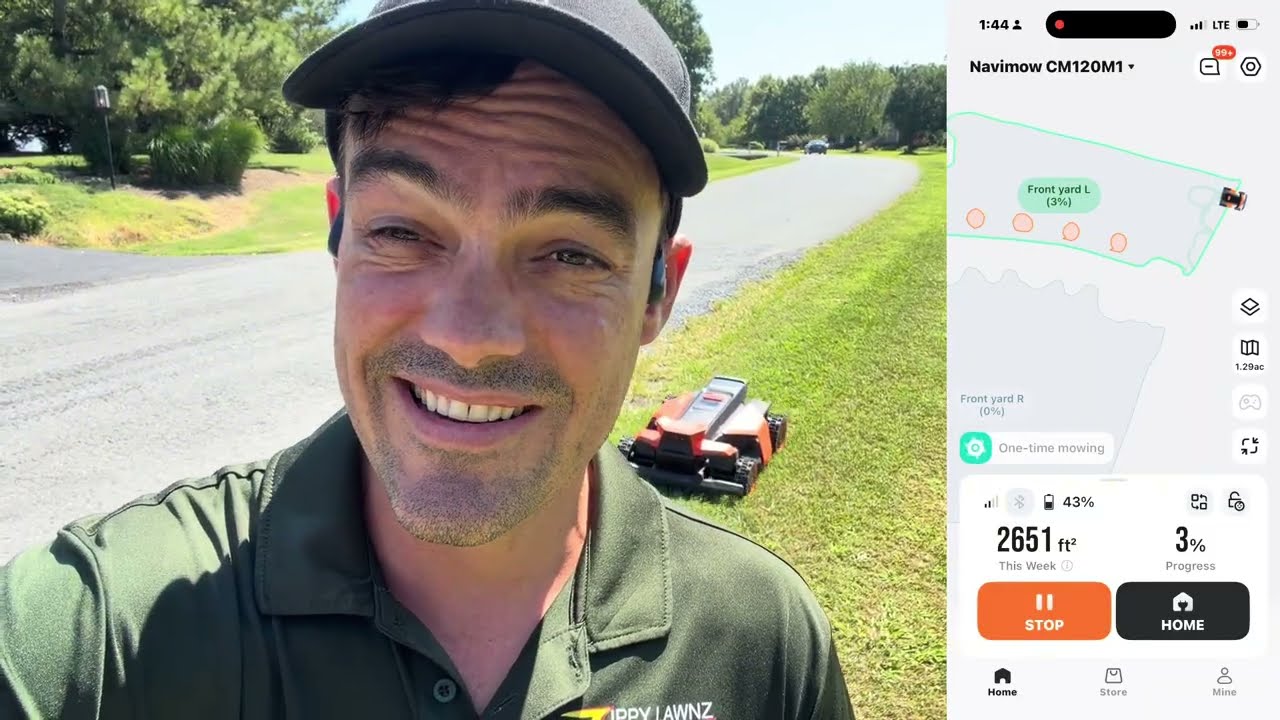 The Navimow app mid-mow on the Chester, MD install — front-yard zones mapped on the Terranox CM120M1 while the mower cuts the strip along the road
