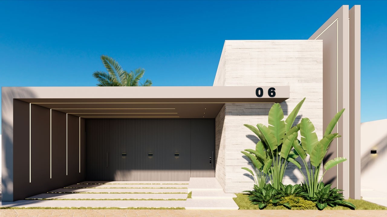 Современный одноэтажный дом — три спальни — планировка в конце видео.