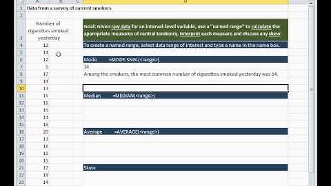 Measures of central tendency from raw data in Excel 2010