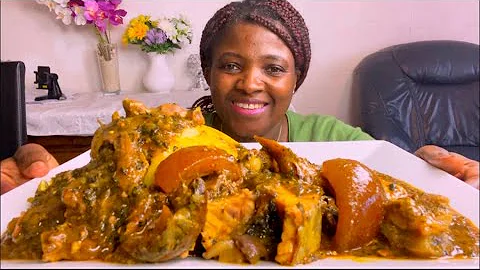 Asmr Mukbang cow skin,Mackerel fish peanuts soup mixed with spinach and yamFufu/Eatingshownotalking