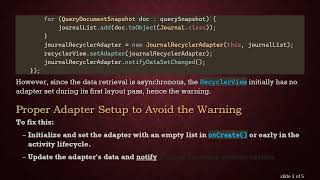 Details Fixing No adapter attached; skipping layout Warning in Android RecyclerView with Firestore Guide