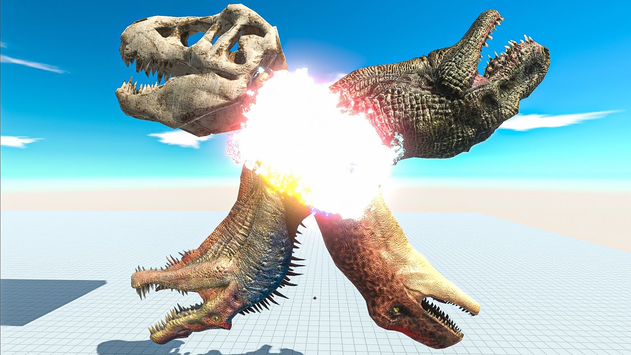Four Giant Dinosaur Heads Spinning - Animal Revolt Battle Simulator