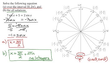 Solve Linear Trigonometric Equation 7sinx+5=2sinx (a) over interval [0,2pi) & (b) for all solutions