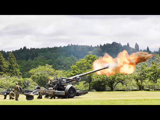 155mm榴弾砲 FH70、3連発。えびの駐屯地 創立44周年記念行事「訓練展示