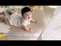 秋風に揺れるカーテンが物珍しくてわくわくする赤ちゃん/A baby is excited by the unusual curtains swaying in the autumn breeze