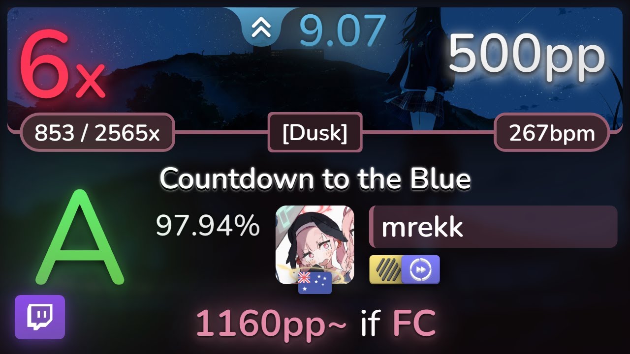 🔴 9.1⭐ mrekk | TRakker - Countdown to the Blue [Dusk] +HDDT 97.94% (500pp 6❌) - osu!
