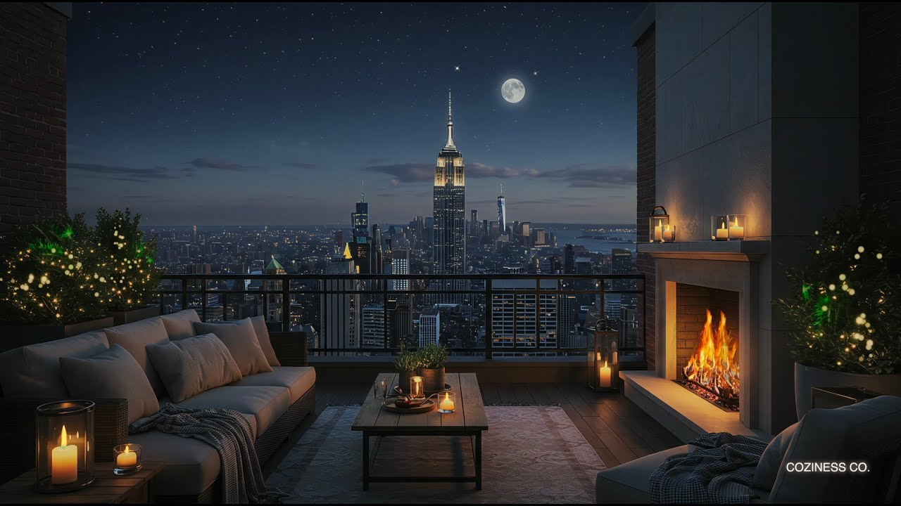 Уютный весенний балкон в Нью-Йорке для сна, работы и отдыха 😴🍃🏙️ (камин и сверчки)
