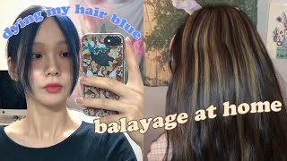 DIY 💙 dying my hair + balayage at home🔑블루 컬러 셀프로 염색하기☺︎발레아쥬 옴브레