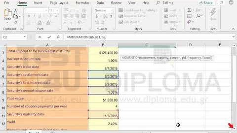 Use the proper function in the cell C2, to calculate the modified Macaulay duration for a...