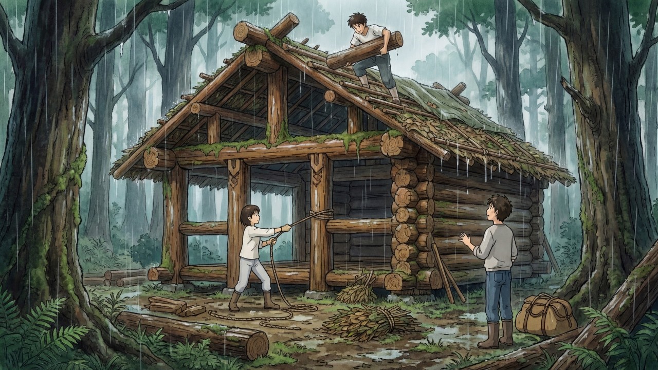 Building a Beautiful Shelter in the Rain and Cooking First Meal Inside|Studio Ghibli Style Rain ASMR