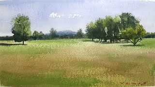 Field with Trees - Aquarelle Painting - Slow Life Art - By Vamos