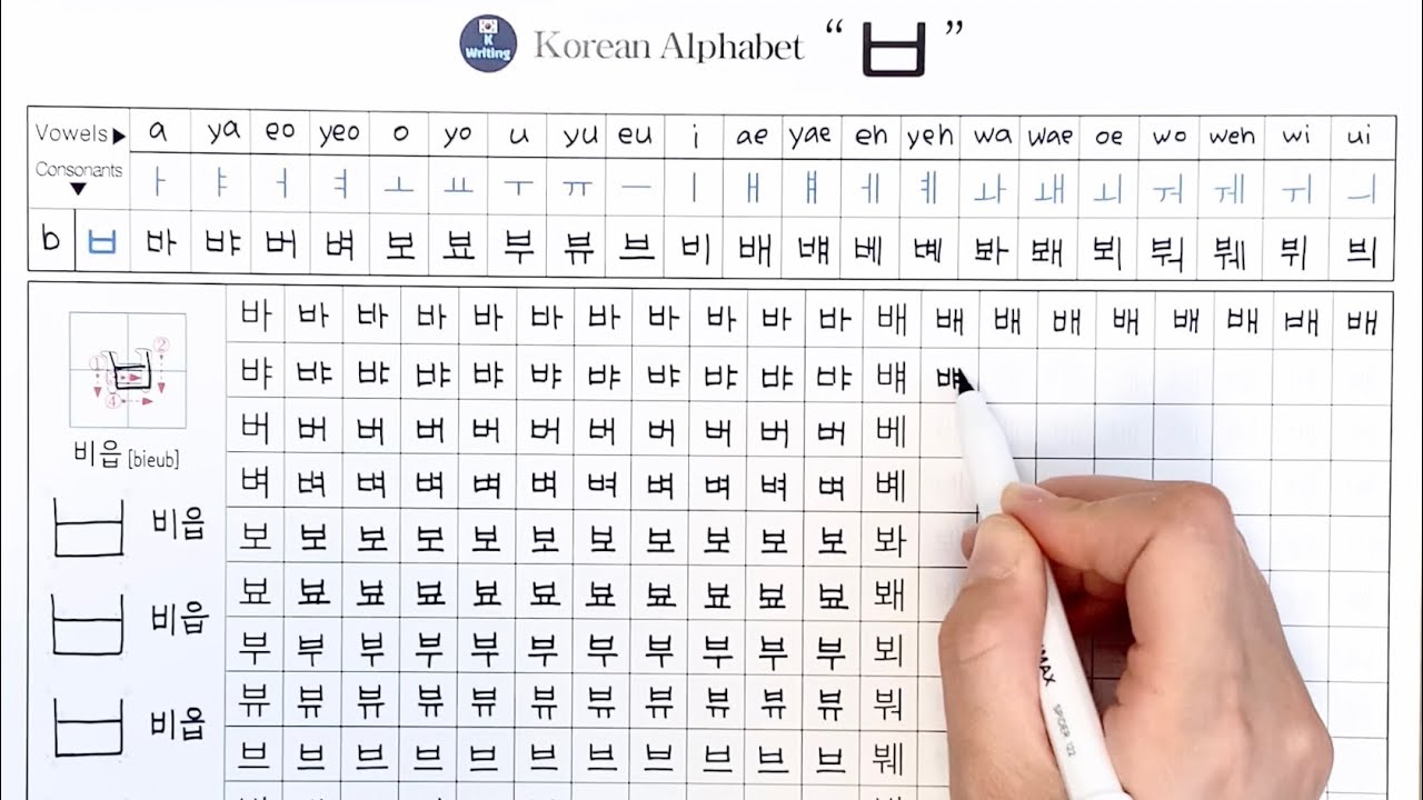 Korean Alphabet 'ㅂ' [consonants vowels pronounciation] Writing 한글 자음 모음 ...