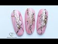 Pink marble nail art with transfer foil and liquid stones, gel polish nail art