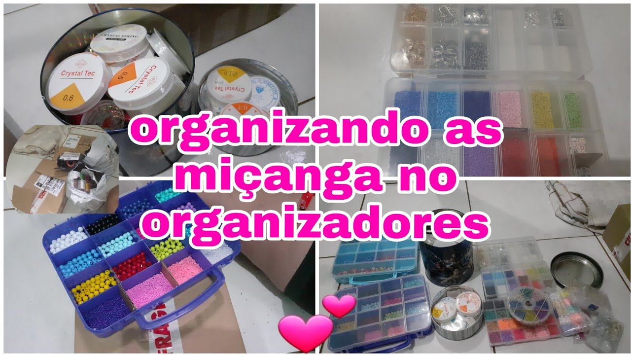 organizando as miçangas no organizadores organize também o fio de elástico e linha encerada na lata🥰