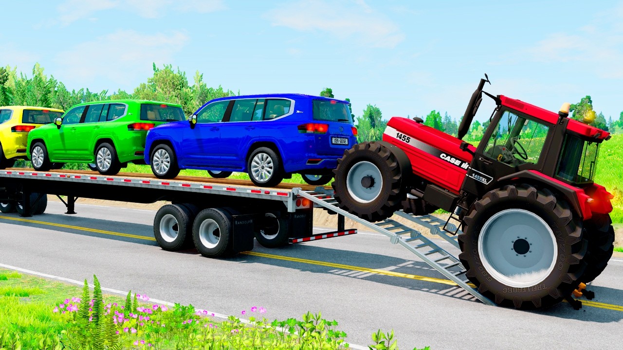 TRANSPORTING PIXAR CARS & FRUITS WITH COLORED & JOHN DEERE vs CLAAS vs TRACTORS - BeamNG.drive #962