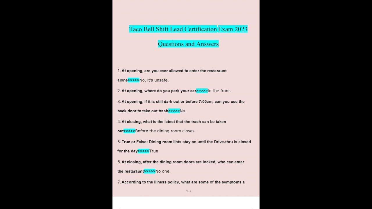 Taco Bell Shift Lead Ceritifcation questions verified with 100% correct
