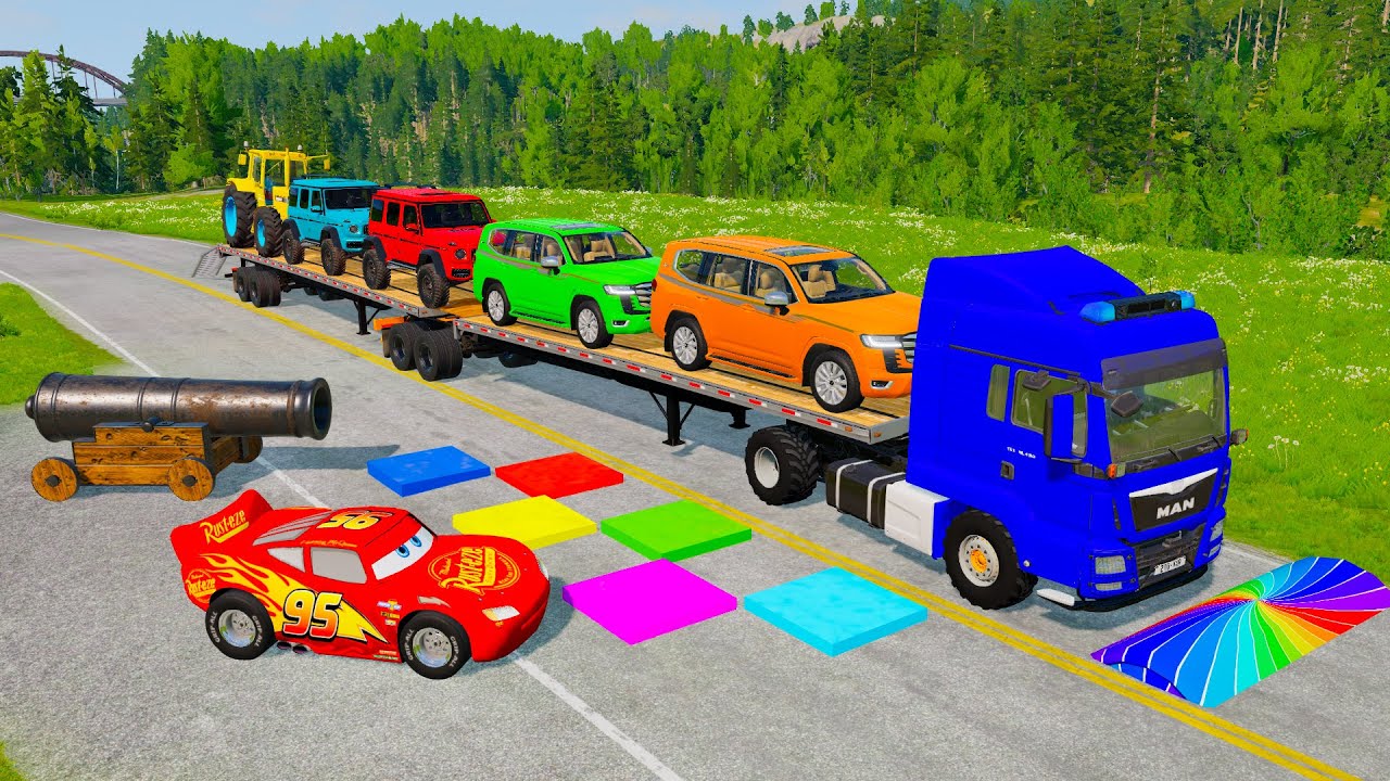 Flatbed Truck McQueen | Transportation with Truck - Pothole vs Car 