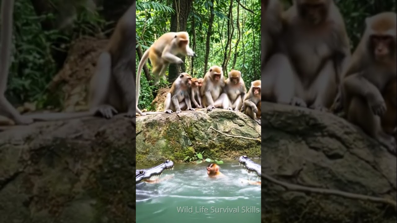Wild Monkey Family’s River Drama: Baby’s Near Slip Sparks Heartwarming Jungle Rescue