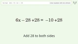 Linear equation with one unknown: Solve 4(2x-7)-2x=-10 step-by-step solution