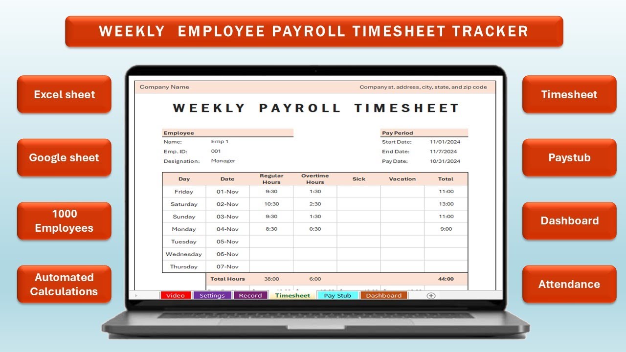 Weekly  Employee Payroll Timesheet Tracker | Excel & Google Spreadsheet Template, Overtime Calculate