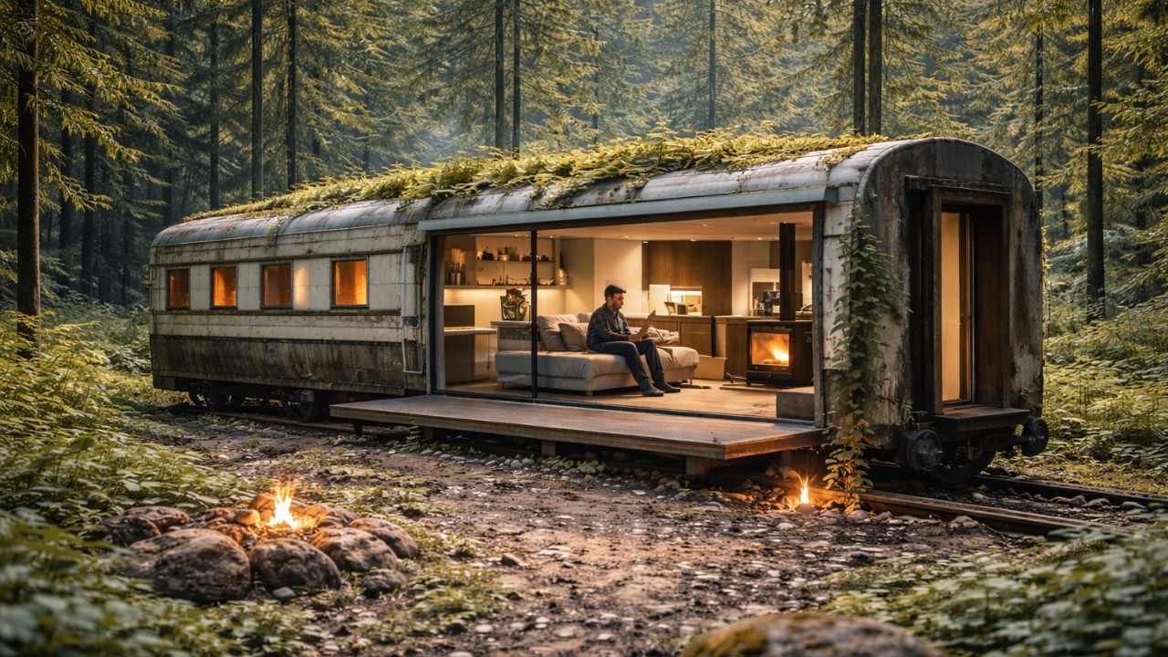 Building a Luxury SECRET HOUSE Inside an Abandoned Train in a Dense Forest (ASMR)