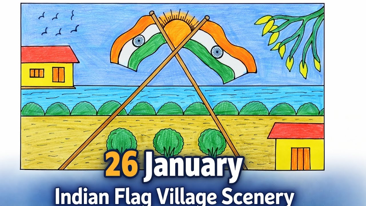 26 January Drawing 🇮🇳 | Republic Day Special | Indian Flag Village Scenery