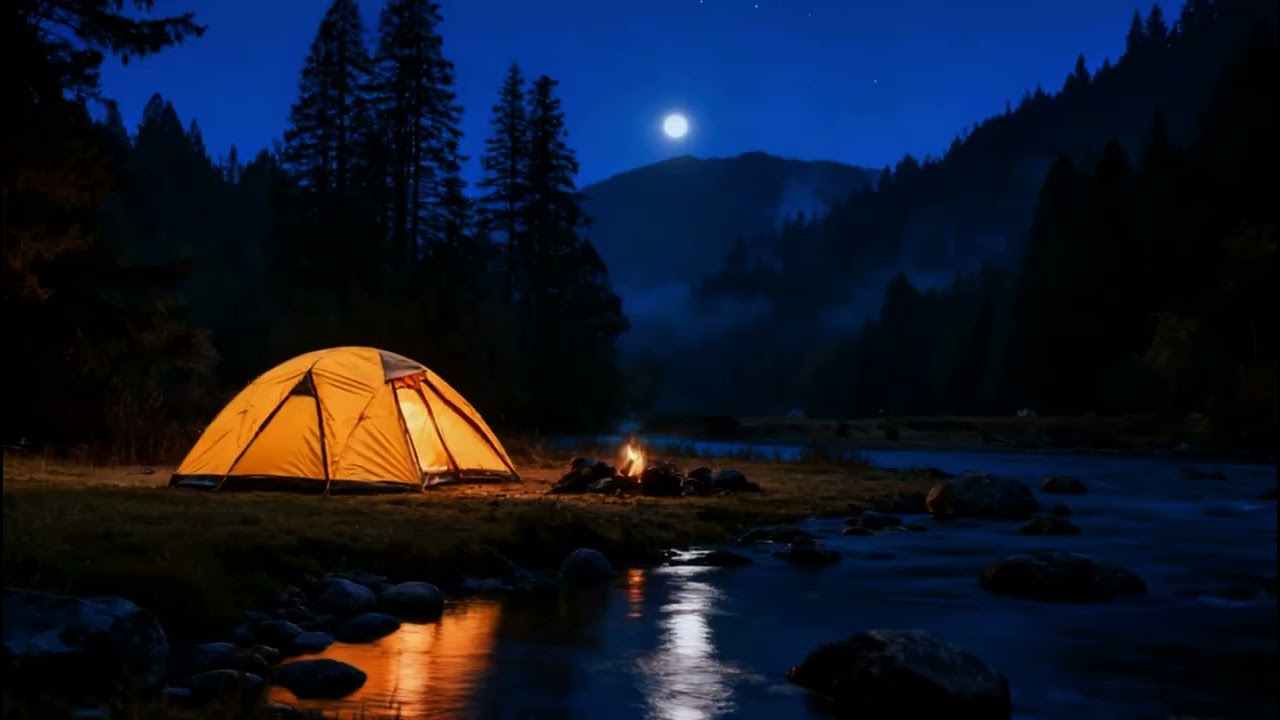 Sleeping faster with Cozy Camping with full moon, Crackling Campfire, & Nature Ambience at riverside