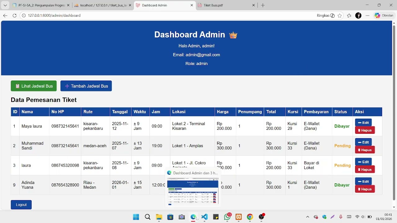 Pemesanan tiket bus menggunakna laravel 12 : Controller, Routing dan koneksi ke Database