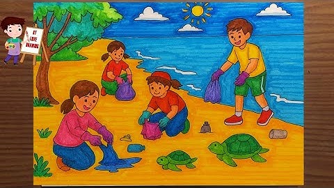 Vẽ Tranh Bảo Vệ Môi Trường Biển | Vẽ Em Nhặt Rác Giúp Rùa Biển | Vẽ tranh bảo vệ động vật biển