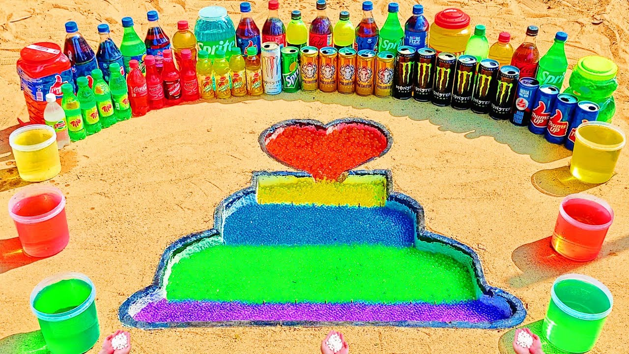 How to make Rainbow Birthday Cake with Orbeez, Big Coca Cola, Fanta, Mirinda, Monster, Mtn Dew & 7up