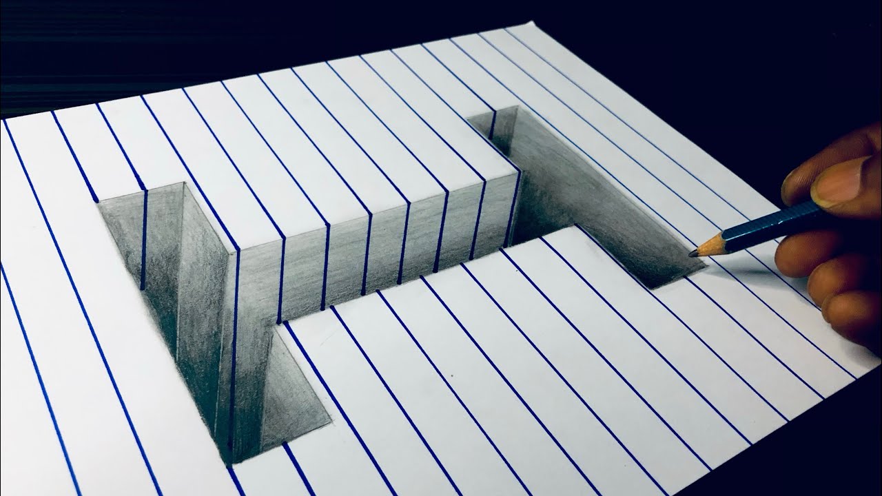 Draw a Letter I Hole on Line Paper - 3D Trick art