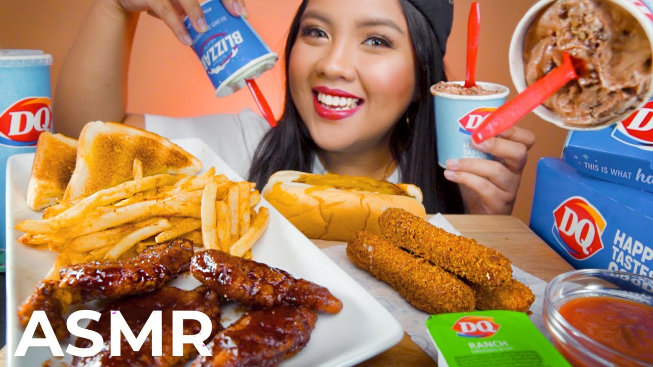 ASMR DAIRY QUEEN BLIZZARD + CHILLY CHEESE DOG +  HONEY BBQ CHICKEN TENDERS MUKBANG 먹방 (Whispering)