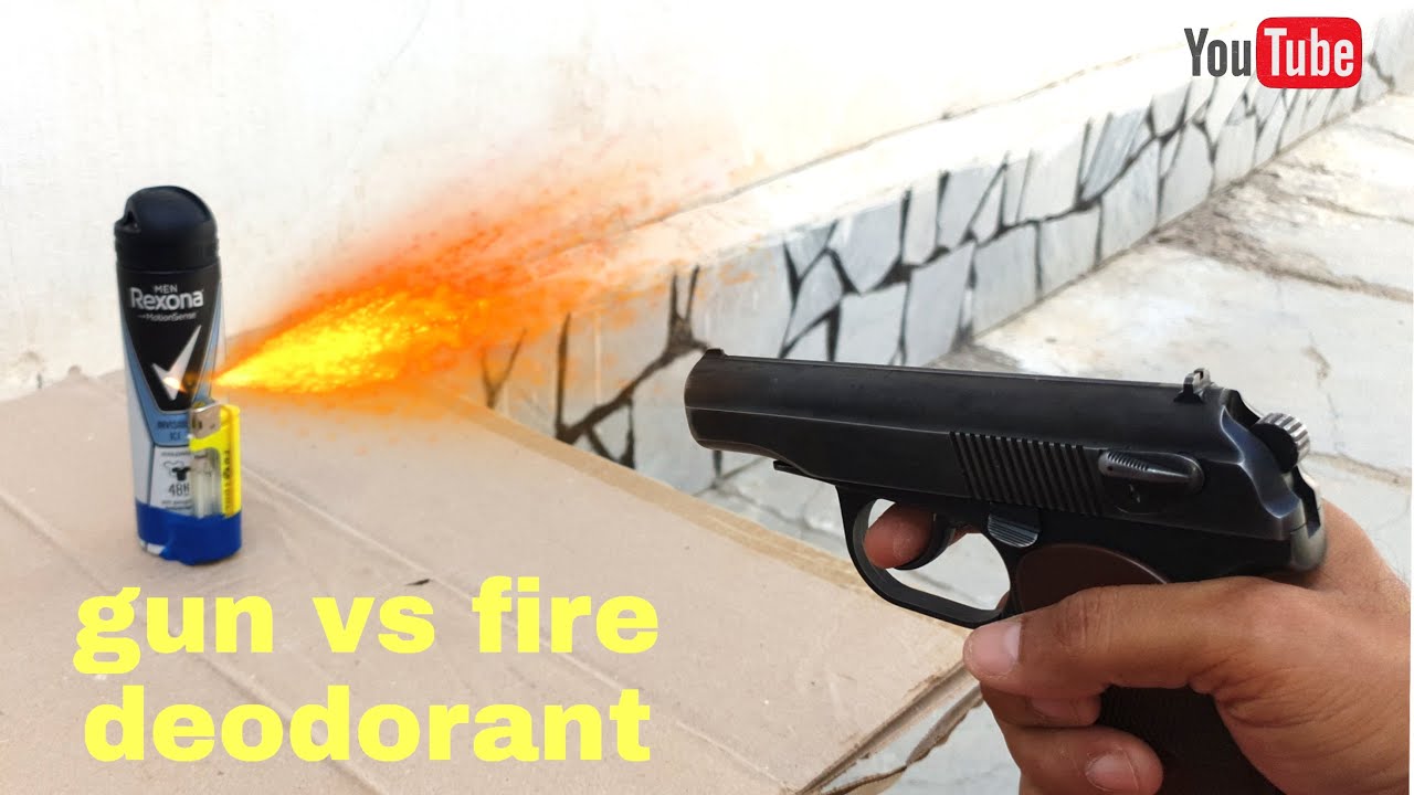 experiment gun vs fire deodorant. эксперимент пистолет vs огненный дезодорант