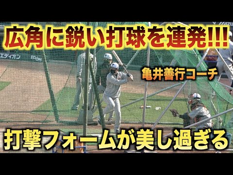 さすが去年まで現役！美しいフォームから鋭い打球を連発する亀井善行コーチ！