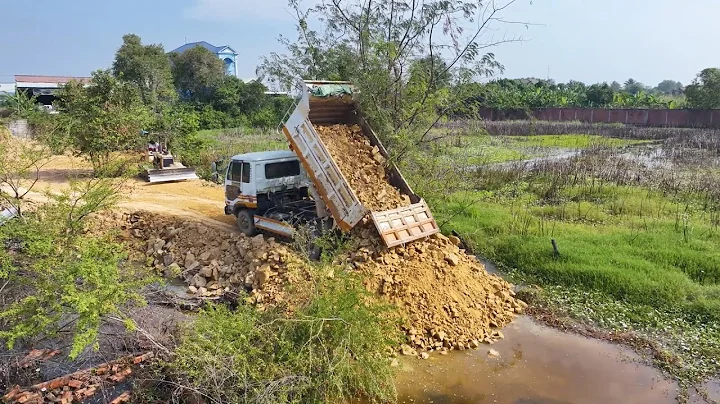 Incredible Engineering! Dozer D20P + Dump Truck Build Road Across Water
